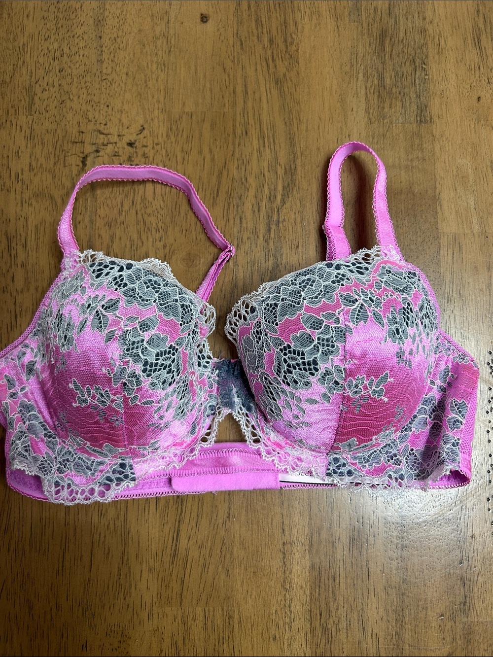 Victoria's Secret Pink Bra with Gray Lace Overlay 34C